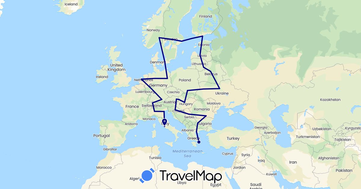 TravelMap itinerary: driving in Austria, Bulgaria, Belarus, Switzerland, Germany, Denmark, Estonia, Finland, Greece, Croatia, Hungary, Italy, Lithuania, Latvia, Netherlands, Norway, Poland, Romania, Serbia, Sweden, Slovakia, Ukraine (Europe)